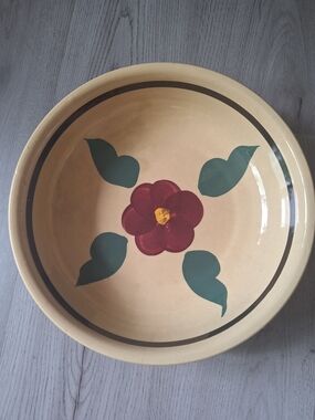 Hand-Painted Floral Ceramic Serving Bowl in Cream and Red